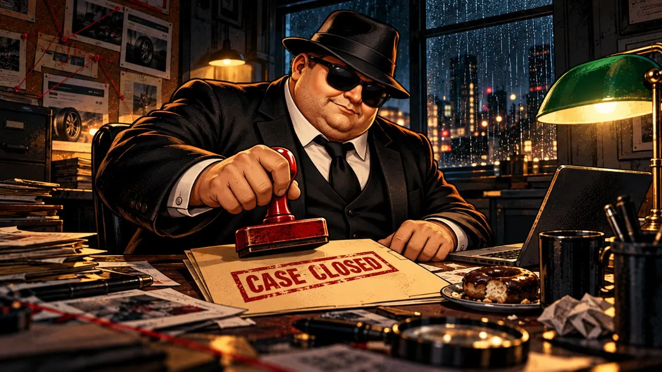 FAT Agent stamping a manila folder case closed at his desk under a banker's lamp