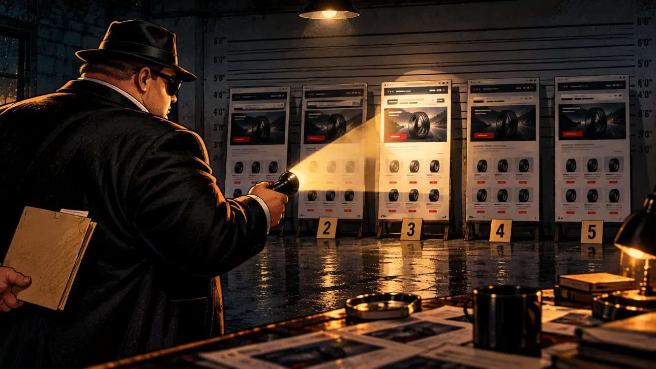 FAT Agent shining a torch on a police lineup of identical shop web pages