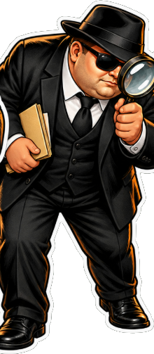 FAT Agent peering through a magnifying glass with a folder under his arm