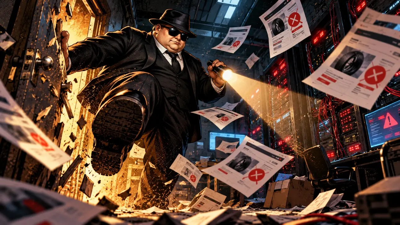 FAT Agent kicking open a server room door as web pages with error marks fly past