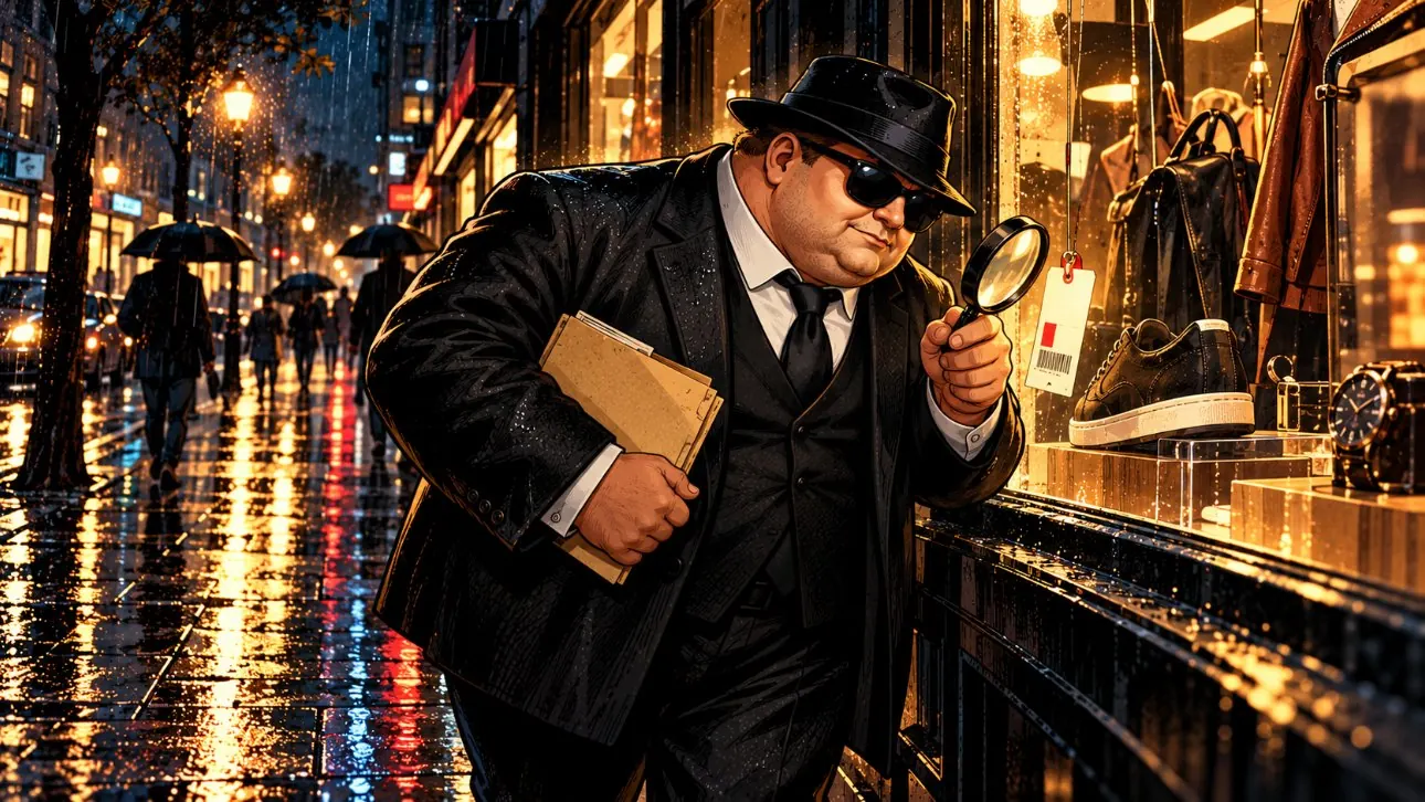FAT Agent inspecting a price tag in a shop window through a magnifying glass on a rainy night